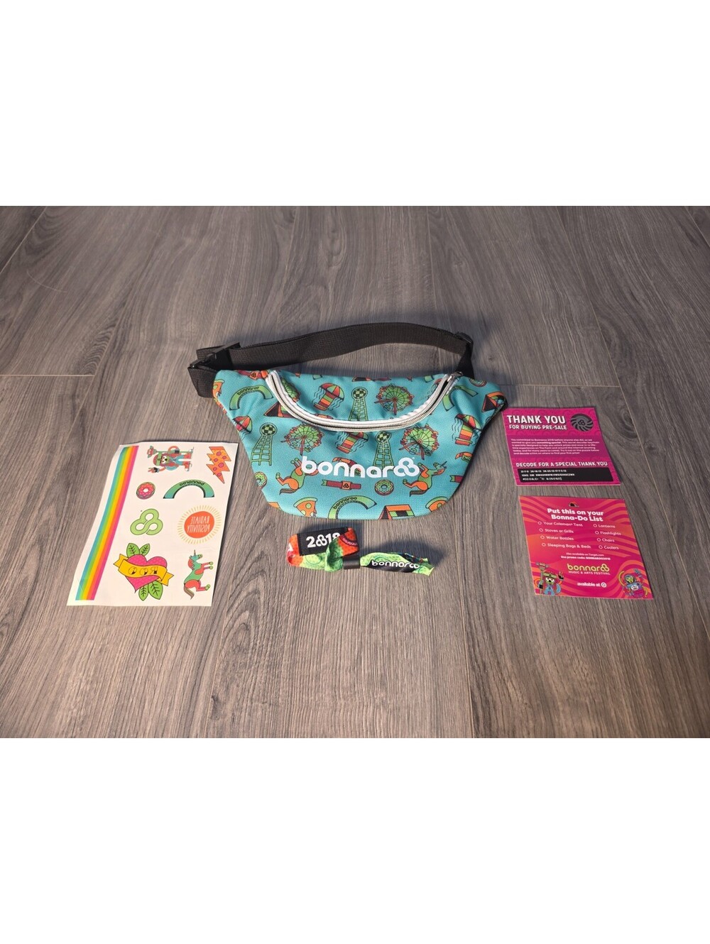 2018 Bonnaroo Music Festival Pre-Sale Swag Package Fanny Pack Wristband Stickers